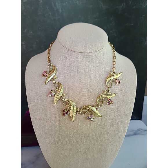 Judy Lee AB Pink Crystal Leaf Necklace Vintage - Picture 1 of 12